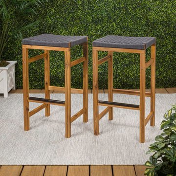 Armand 30" Modern Coastal Backless Acacia Wood Outdoor Bar Stool with Woven Rope Seat